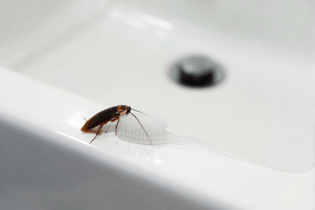 Cockroach in the bathroom on the sink