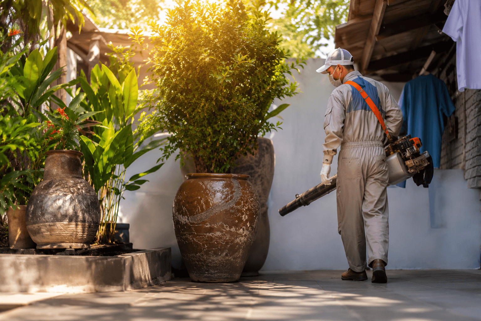 A pest control worker in protective coveralls and a face mask uses a backpack fogging machine to spray insecticide in a sunny outdoor courtyard with large potted plants.