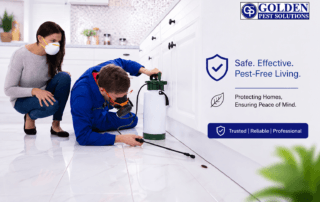A pest control technician in protective gear sprays treatment along a kitchen cabinet baseboard while a homeowner wearing a face mask watches nearby.