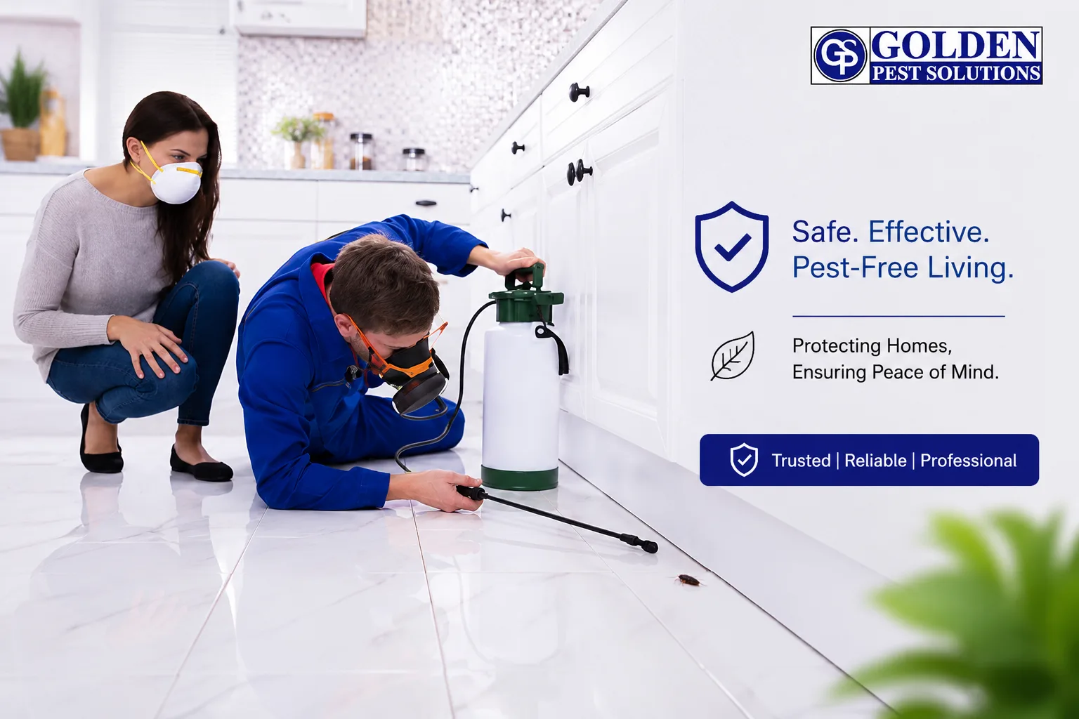 A pest control technician in protective gear sprays treatment along a kitchen cabinet baseboard while a homeowner wearing a face mask watches nearby.